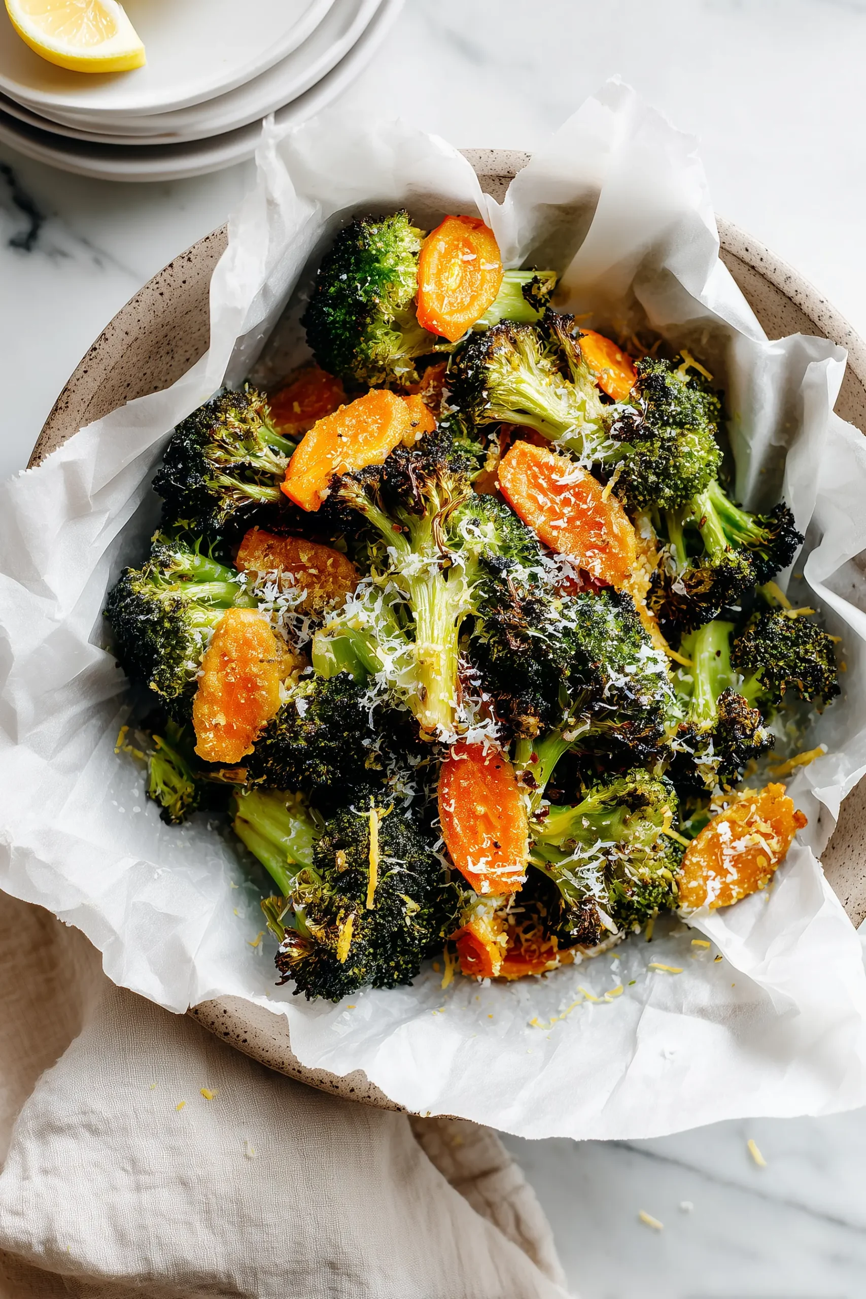 Sheet pan of Roasted Broccoli and Carrots with Parmesan, showing crispy browned florets and tender carrot coins on white parchment.
