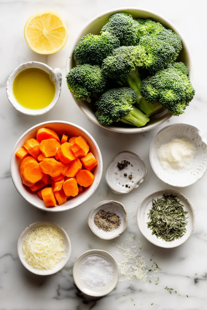 Overhead view of ingredients for Roasted Broccoli and Carrots including broccoli, carrots, oil, spices, Parmesan, and lemon on white marble.