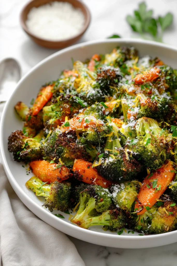 White bowl filled with Roasted Broccoli and Carrots, garnished with Parmesan, lemon zest, and parsley on a white marble surface.