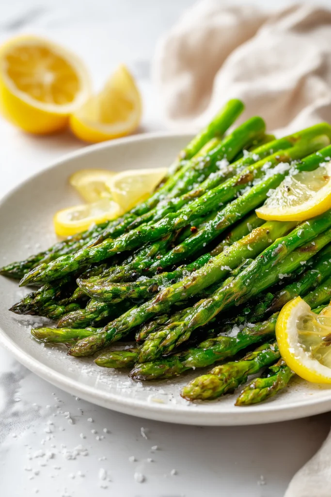 Platter of tender-crisp Sauteed Asparagus with light char and lemon wedges on white marble.