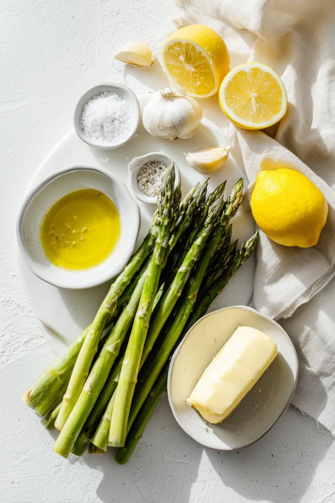 Overhead view of ingredients for Sauteed Asparagus laid out on a bright white marble surface.