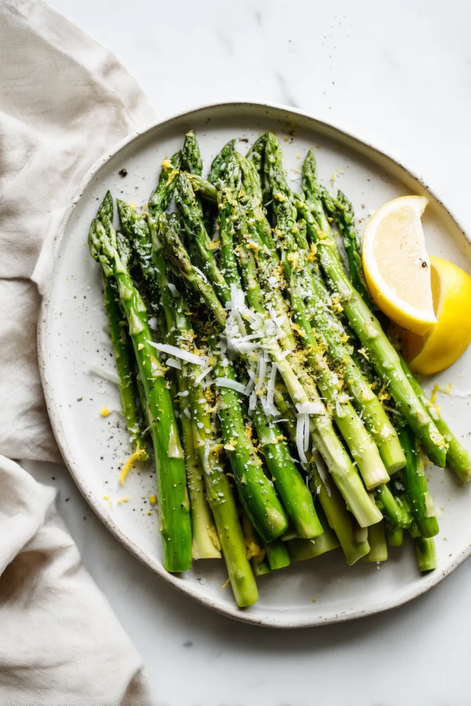 Overhead view of plated Sauteed Asparagus topped with shaved Parmesan and lemon zest on a white plate.