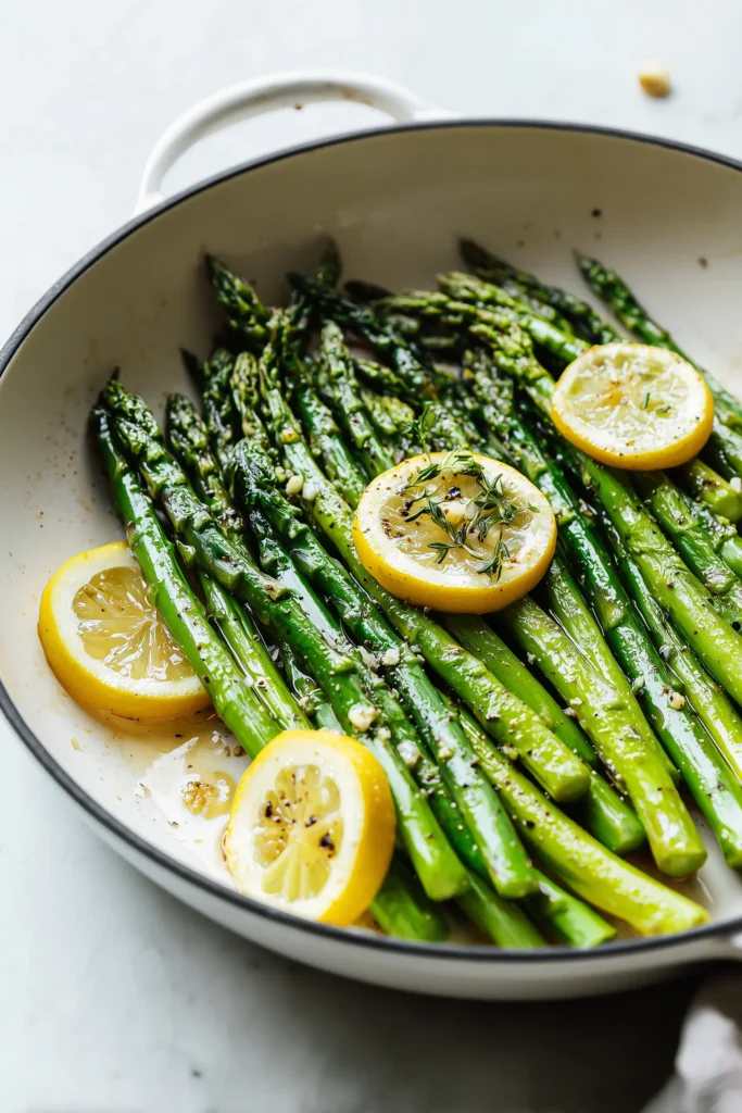 Close-up of Sauteed Asparagus spears sizzling in a white skillet with light char and lemon slices.
