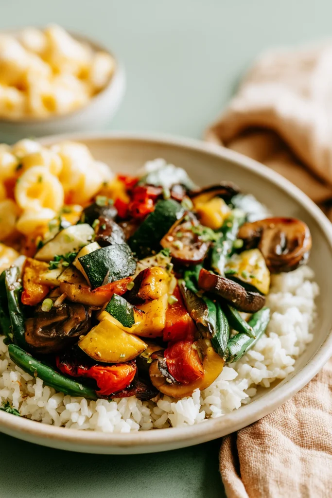 Crispy-Edge, Garlicky Good: Flavorful Sauteed Vegetables in One Skillet 2 Bowl of sautéed vegetables over rice with a side of mac and cheese on a soft green background.
