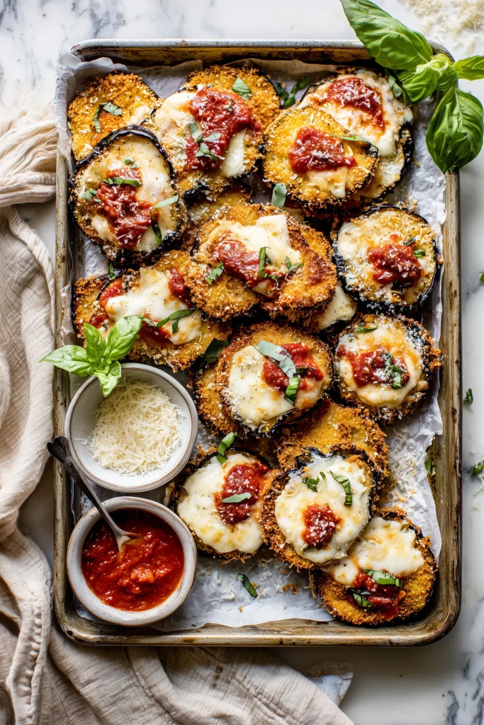 Sheet Pan Eggplant Parmesan 4 Sheet pan with crispy eggplant parmesan topped with mozzarella and basil, on white marble.