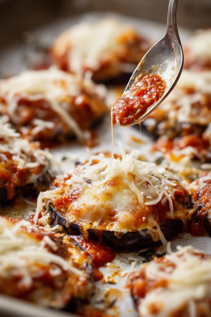 Sheet Pan Eggplant Parmesan 2 Close-up of eggplant slices on a sheet pan being topped with marinara sauce and mozzarella cheese.