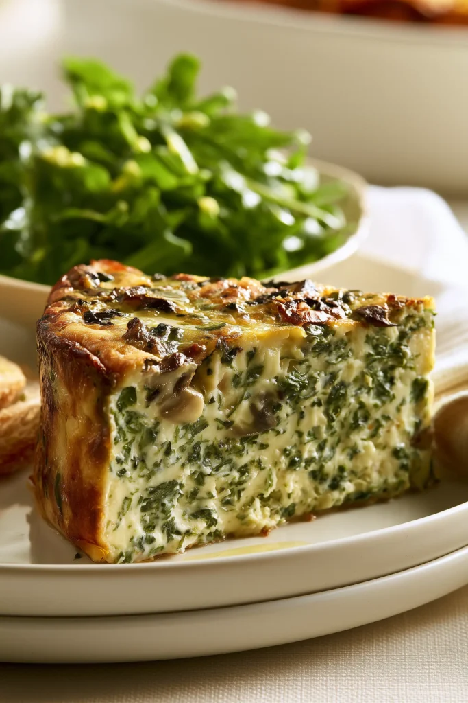 Crustless Quiche with Spinach and Mushrooms (Light, Cozy, Make-Ahead) 3 Slice of crustless spinach and mushroom quiche on a plate with salad and bread, in cozy daylight.