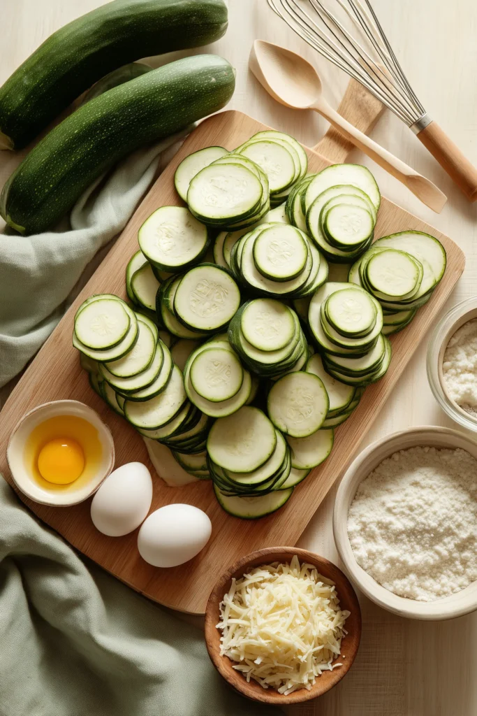 Baked Cheesy Zucchini Stacks 3 Bowls of zucchini slices, Parmesan, eggs, and flour for assembly, viewed from above.