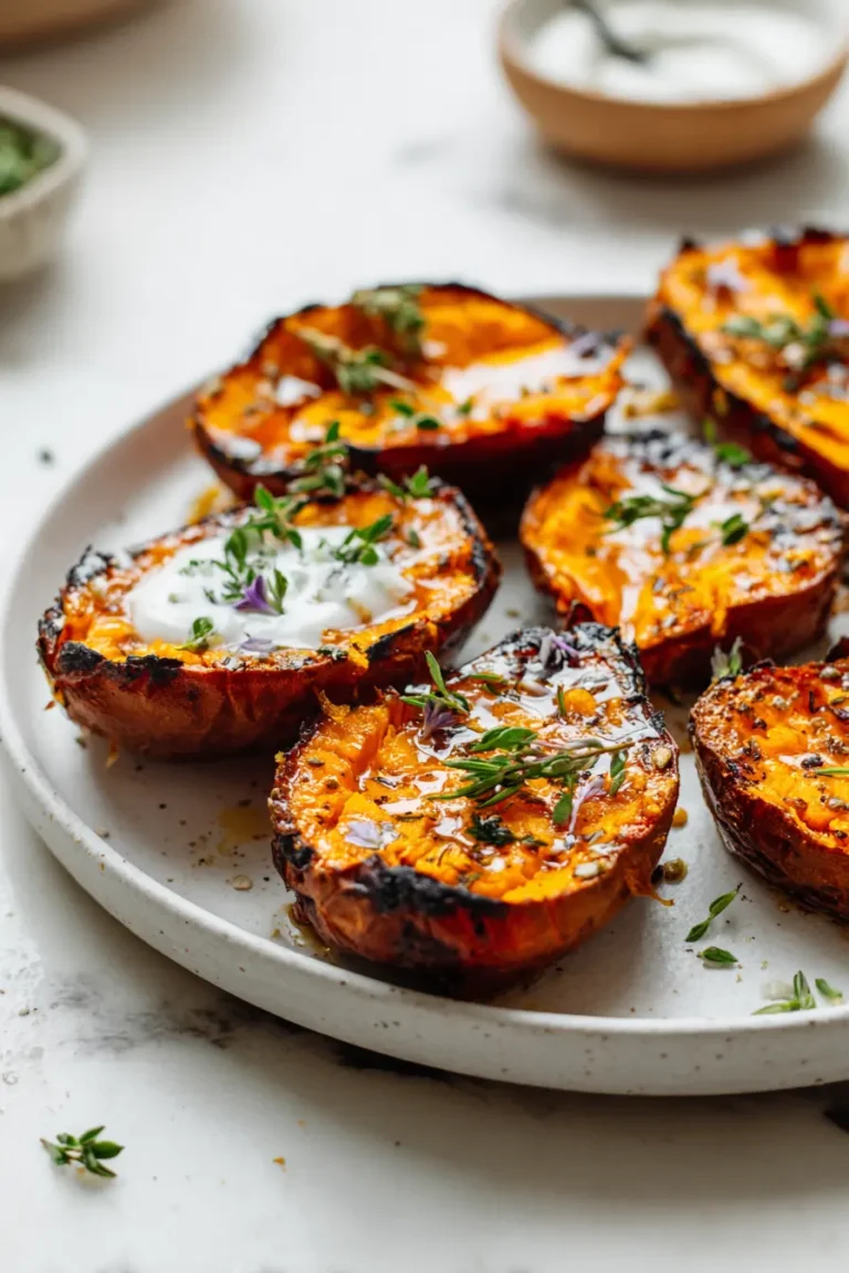 Finished Baked Sweet Potato Halves (Viral Method) on a white plate with caramelized edges and jammy centers.
