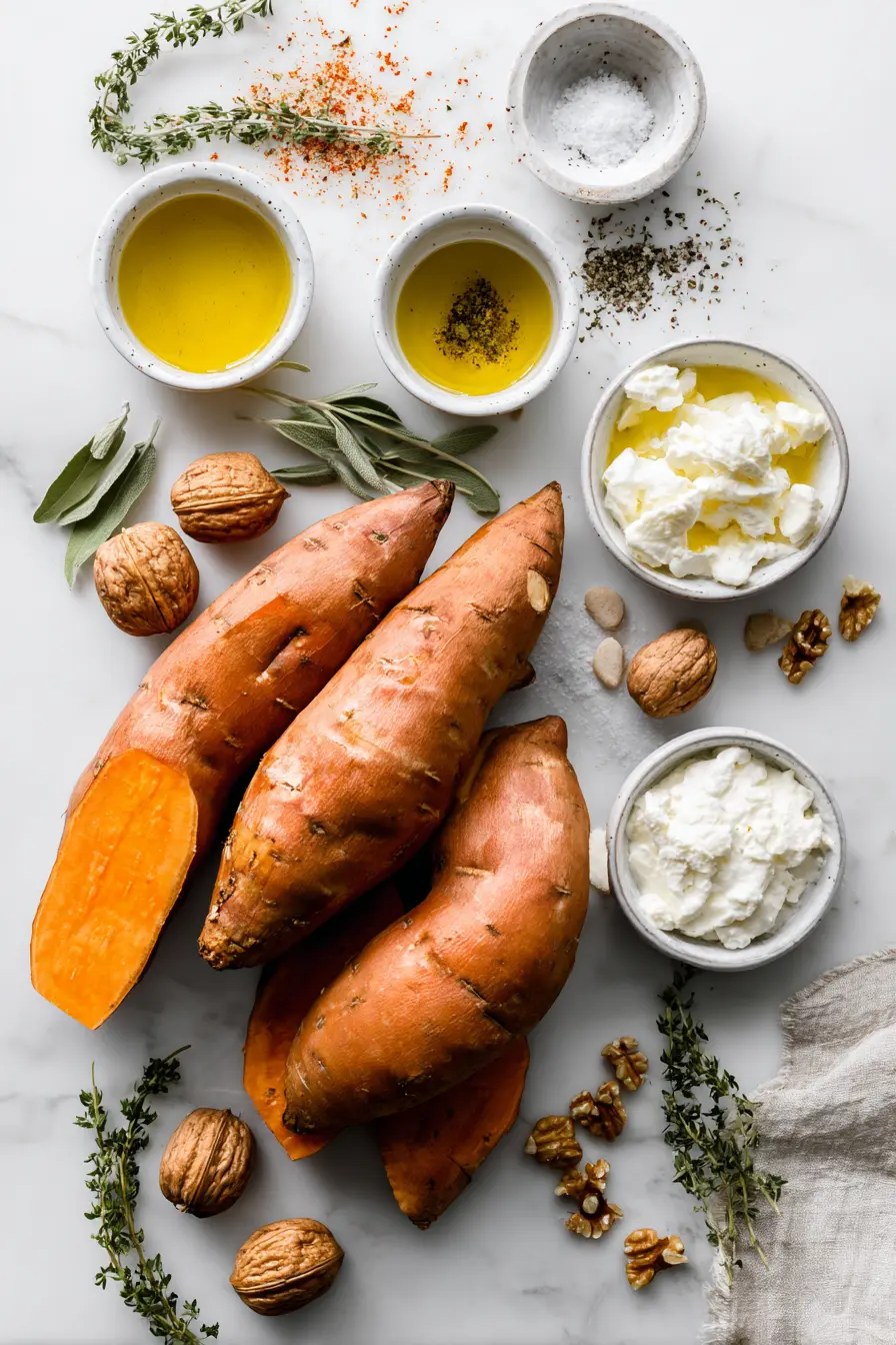 Overhead view of ingredients for Baked Sweet Potato Halves (Viral Method) arranged neatly on white marble.