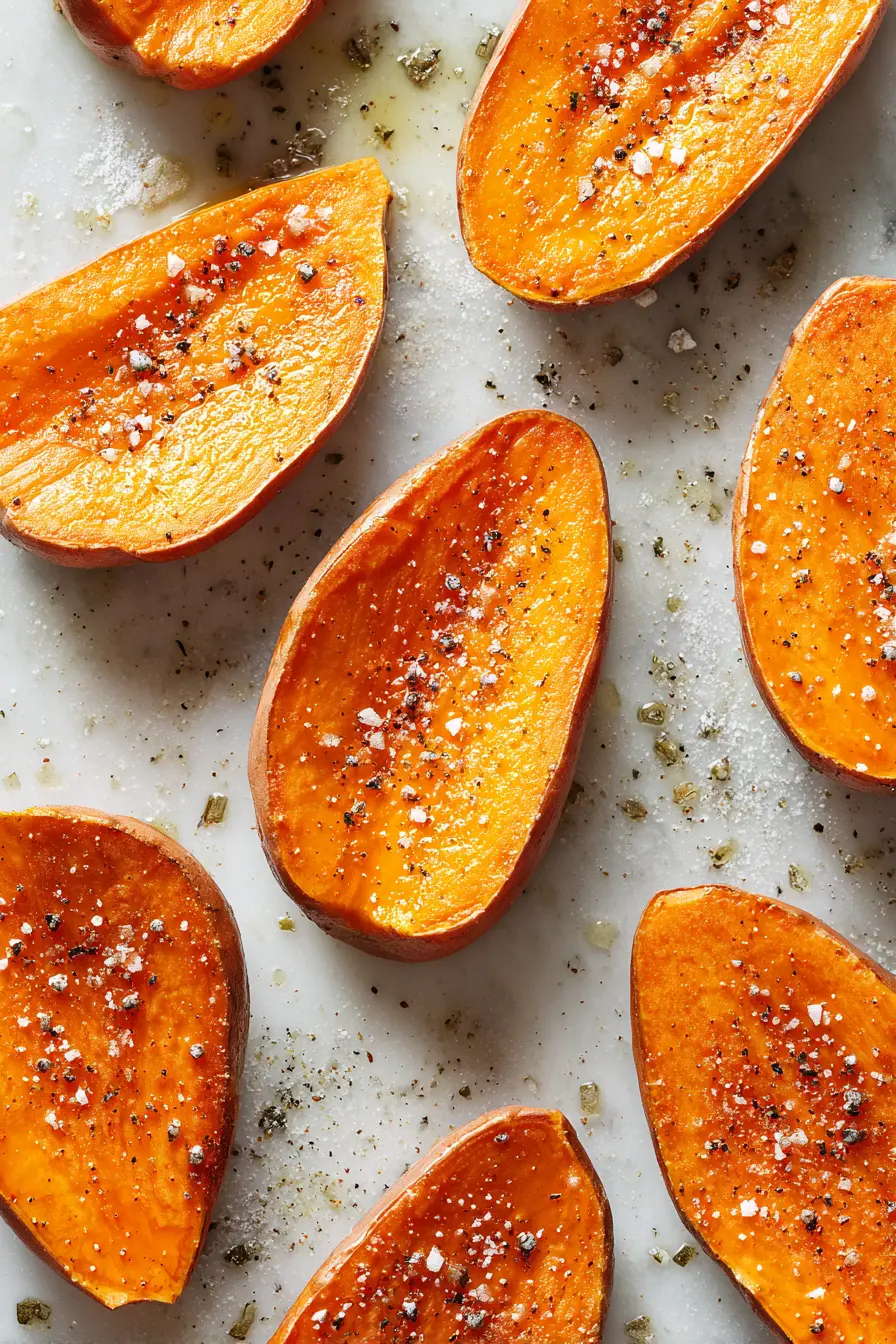 Oiled and seasoned sweet potato halves for Baked Sweet Potato Halves (Viral Method) arranged cut-side down on a sheet pan.