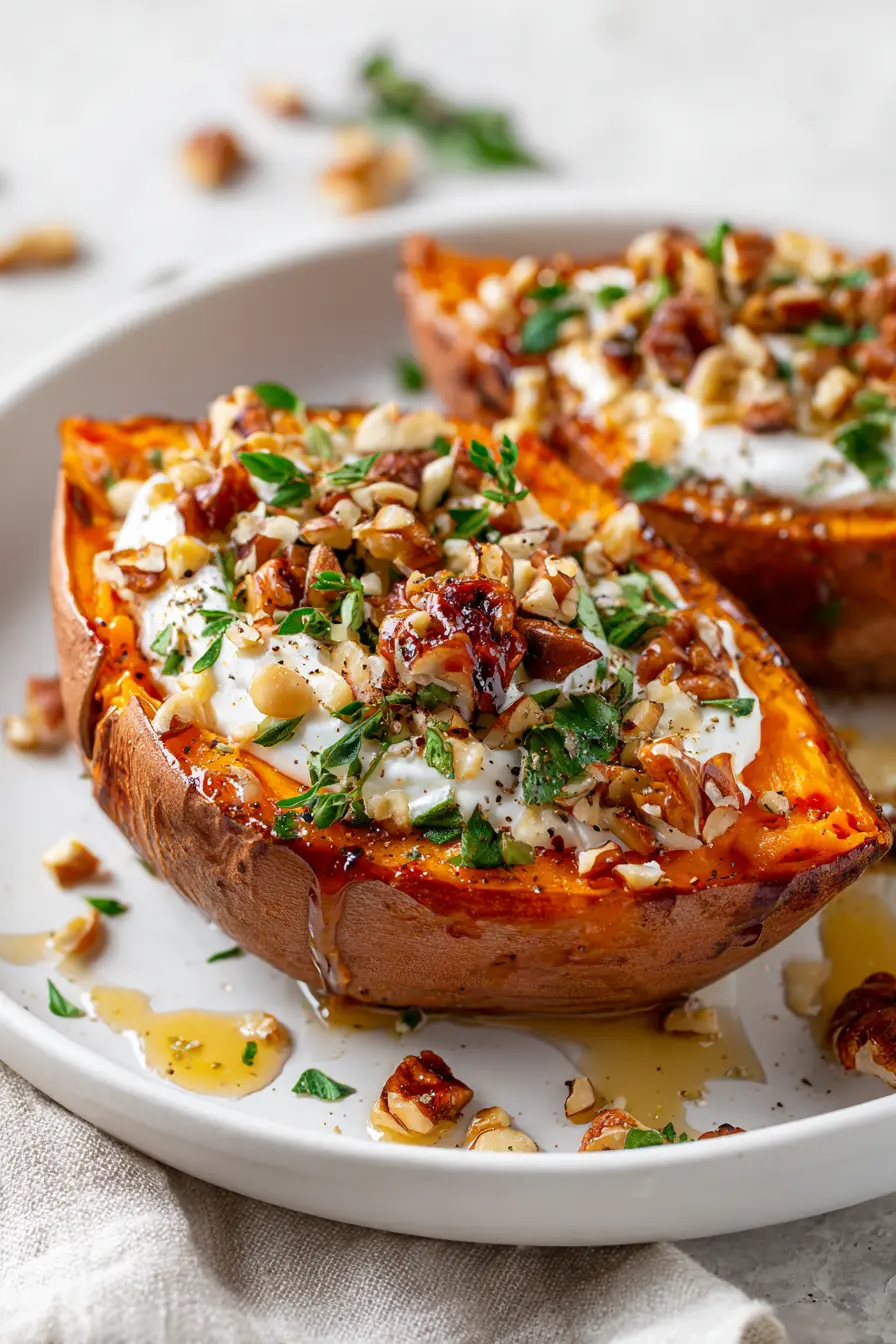 Plated Baked Sweet Potato Halves (Viral Method) topped with yogurt, herbs, and toasted nuts on a white plate.