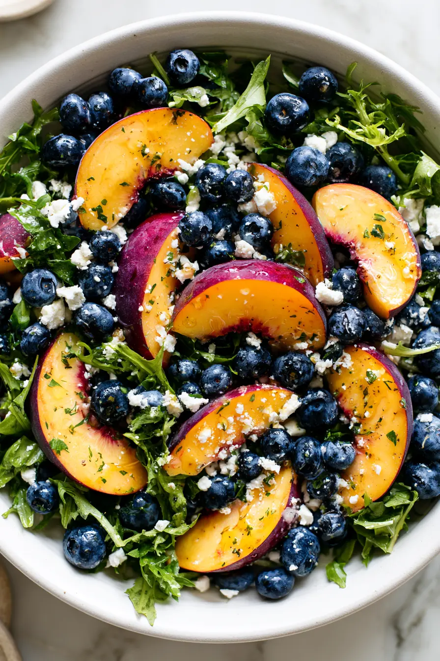 Overhead view of a white bowl filled with Blueberry Peach Feta Salad made with peaches, blueberries, greens, and feta on a white marble surface.
