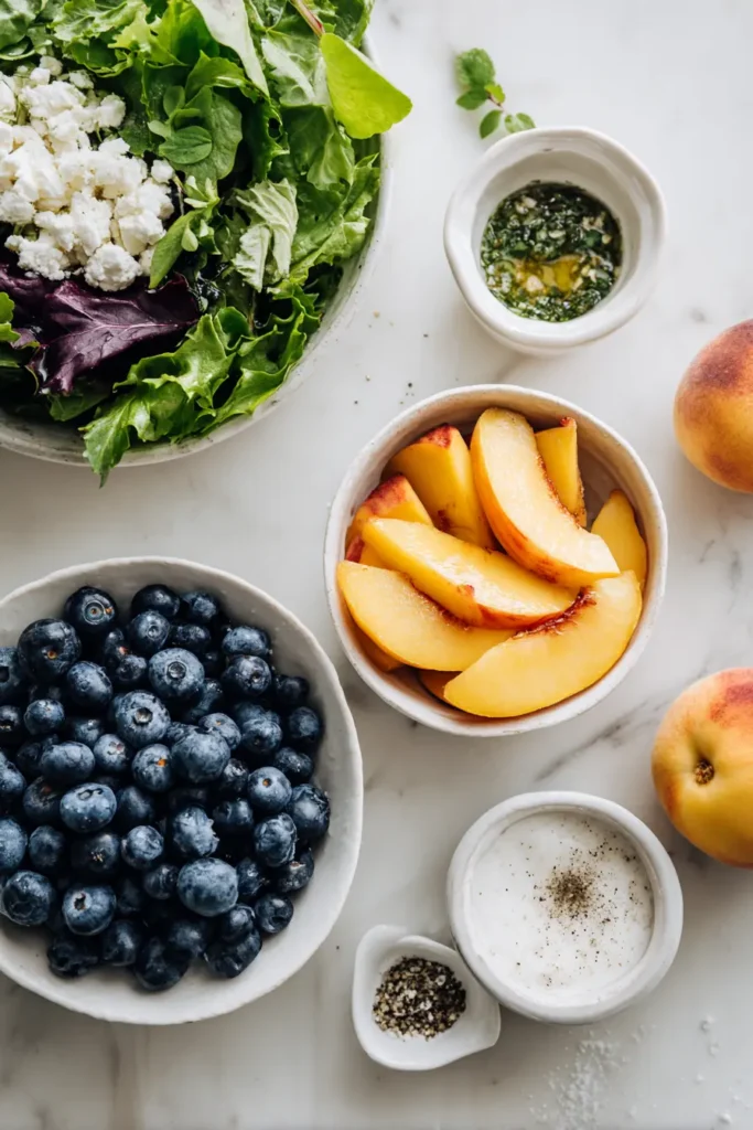 Overhead flat lay of ingredients for Blueberry Peach Feta Salad including peaches, blueberries, feta, greens, herbs, and vinaigrette on white marble.