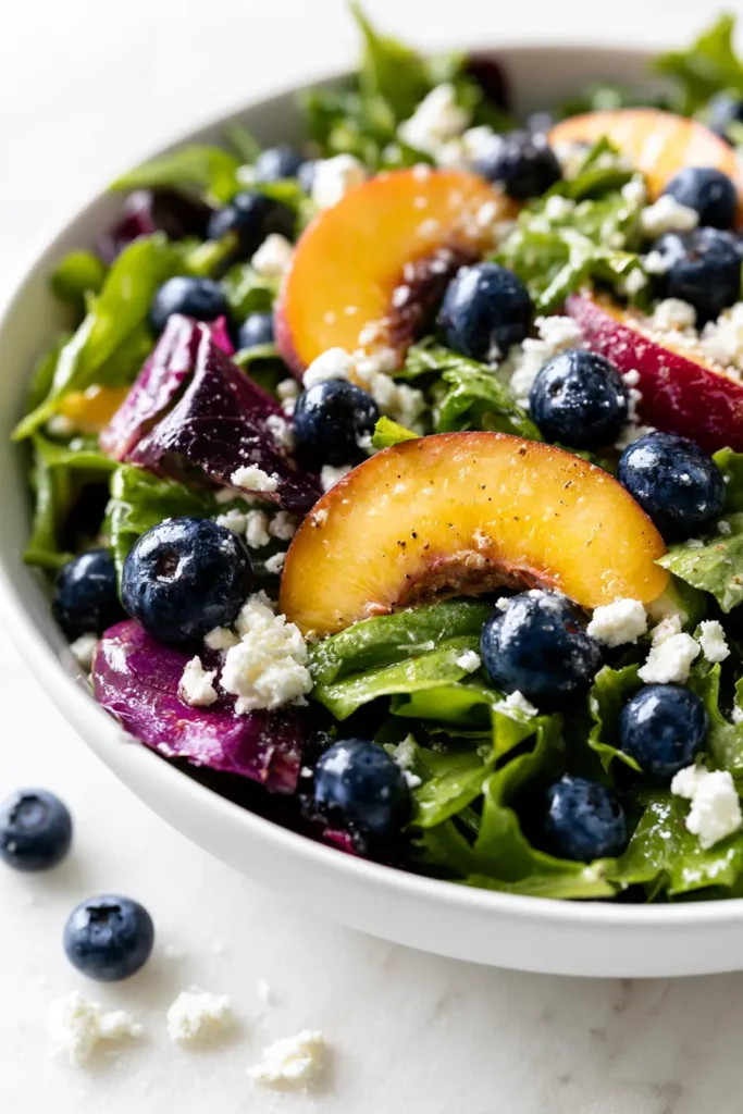 Close-up 45-degree view of a white bowl filled with freshly tossed Blueberry Peach Feta Salad on a white marble surface.