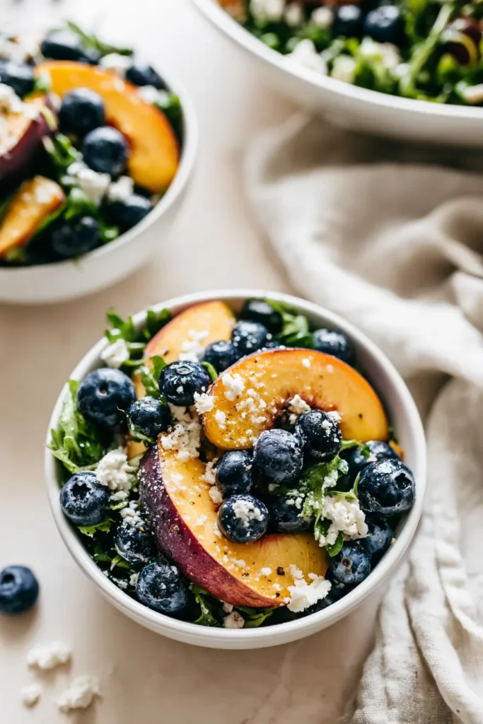 Overhead view of two small white bowls filled with Blueberry Peach Feta Salad with a larger bowl of salad in the background on white marble.