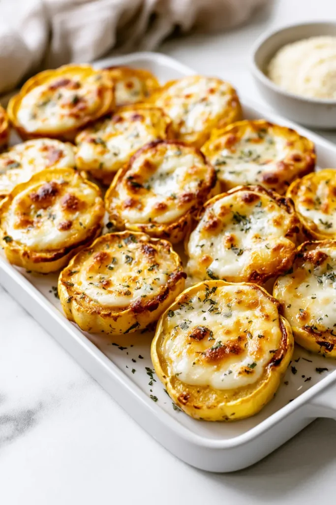 Golden Cheesy Baked Squash Rounds arranged on a white platter over bright white marble.
