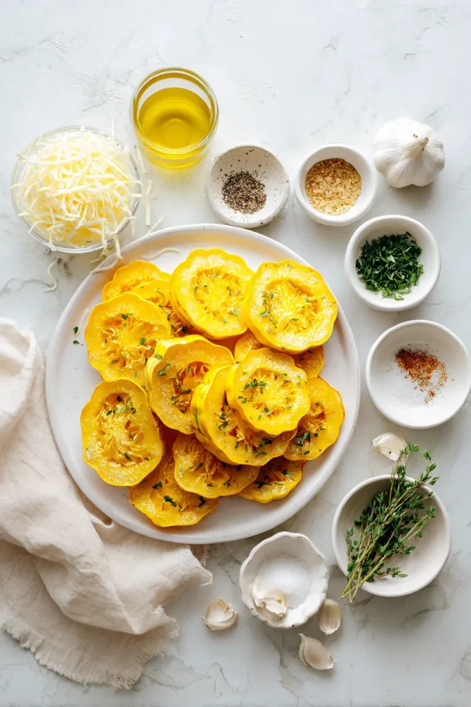 Flat lay of sliced squash, shredded cheese, oil, herbs, and seasonings for Cheesy Baked Squash Rounds on white marble.