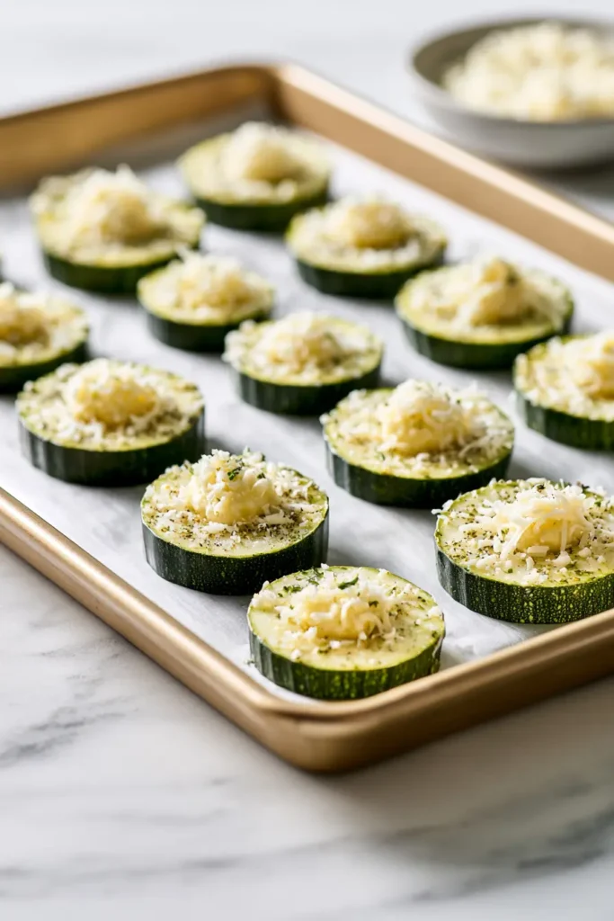 Sheet pan with raw squash slices topped with cheese and herbs for Cheesy Baked Squash Rounds on parchment paper.