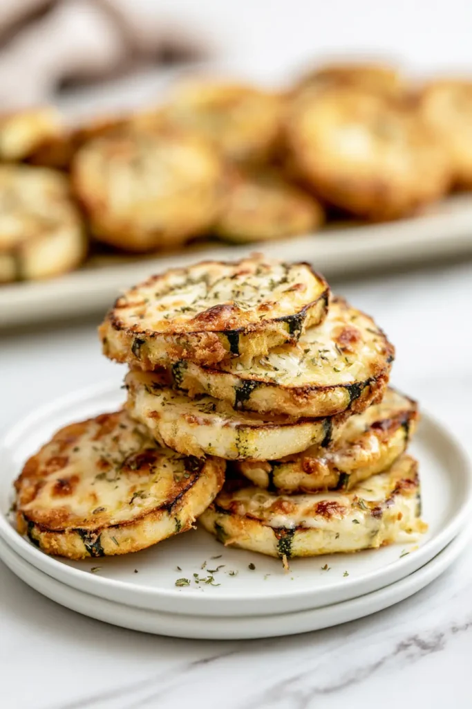 Stacked serving of golden Cheesy Baked Squash Rounds on a small white plate with more rounds in the background.