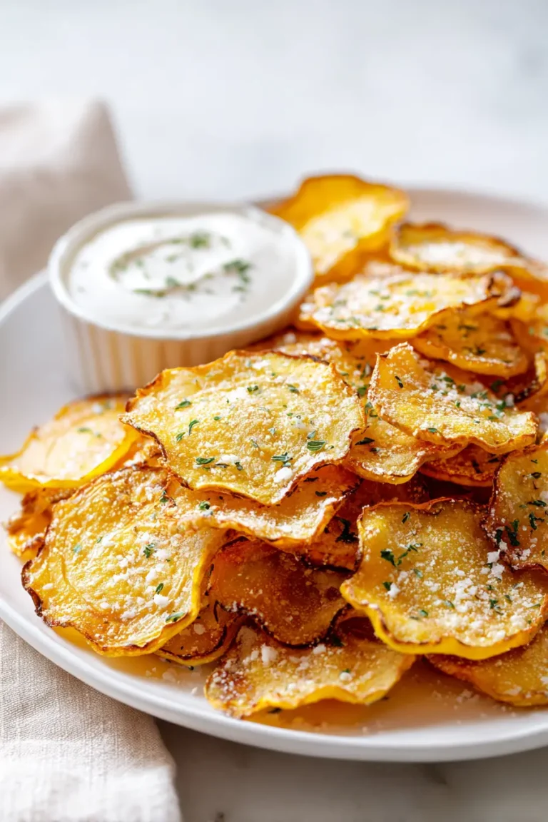 Golden Crispy Garlic Parmesan Squash Chips stacked on a white plate with dip on a bright marble surface.