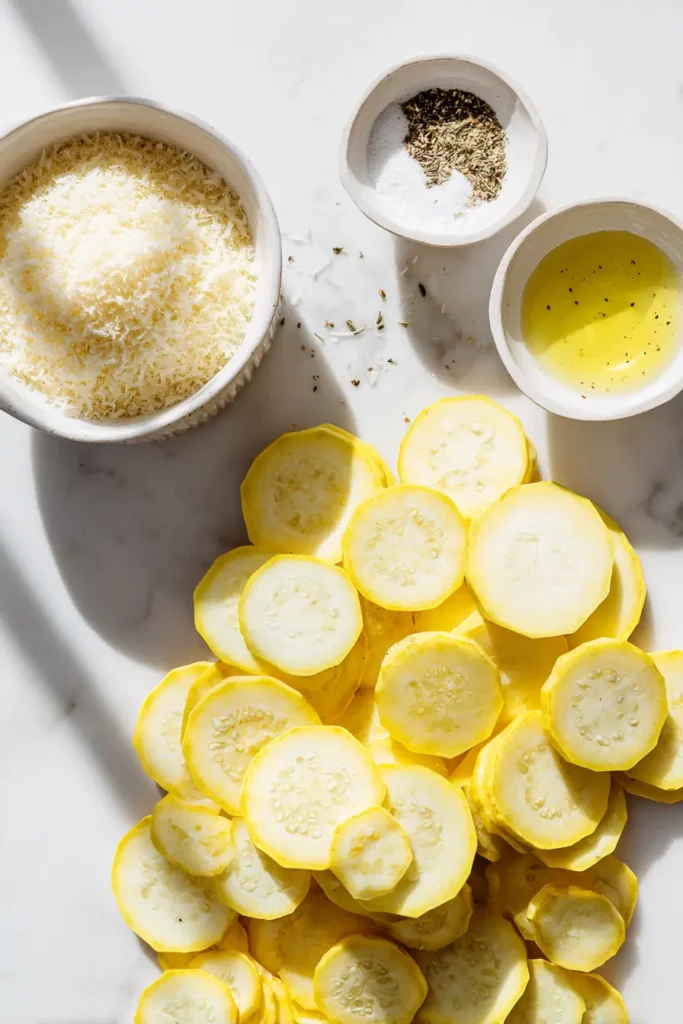 Crispy Garlic Parmesan Squash Chips (Baked, Extra Crunchy!) 2 Overhead flat lay of sliced squash, Parmesan, panko, garlic, herbs, and olive oil arranged on a white marble surface for Crispy Garlic Parmesan Squash Chips.