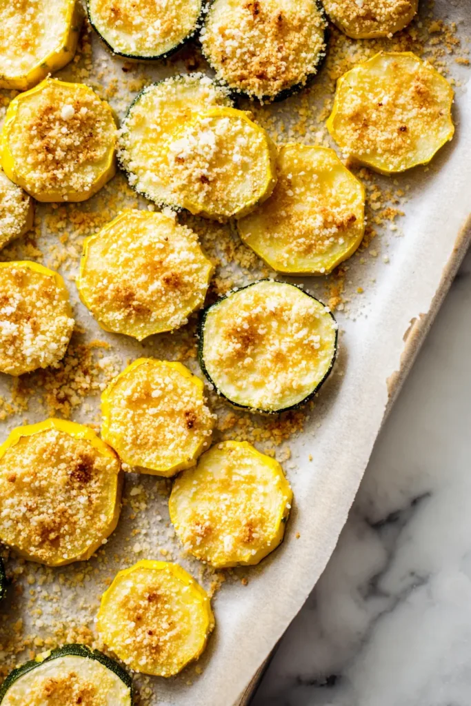 Crispy Garlic Parmesan Squash Chips (Baked, Extra Crunchy!) 3 Parchment-lined tray with seasoned squash rounds arranged in a single layer for Crispy Garlic Parmesan Squash Chips.