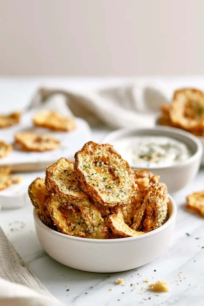 Crispy Garlic Parmesan Squash Chips (Baked, Extra Crunchy!) 4 Small white bowl filled with Crispy Garlic Parmesan Squash Chips next to a bowl of dip on a bright marble surface.