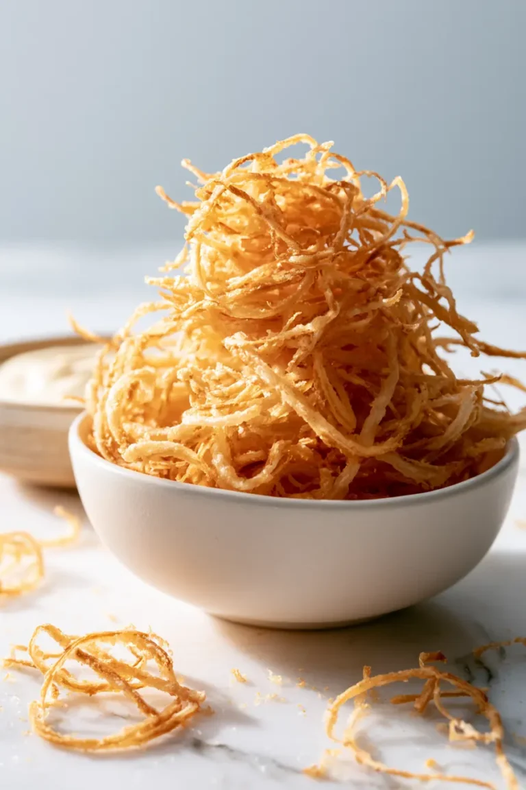 Bowl filled with golden crispy onion strings piled high on a white marble surface with a small bowl of dipping sauce nearby.
