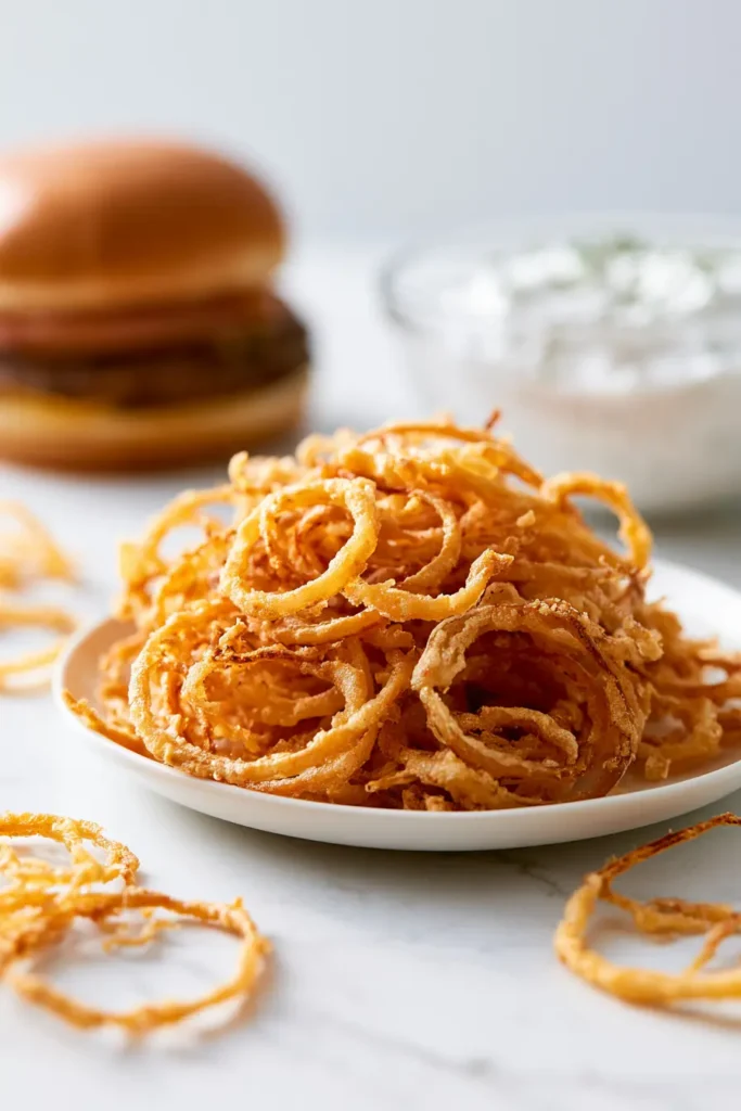 Crispy Onion Strings (Easy, Shatter-Crisp Steakhouse Style) 4 Plate of golden crispy onion strings served beside a burger and small bowl of dip on a bright white marble surface.