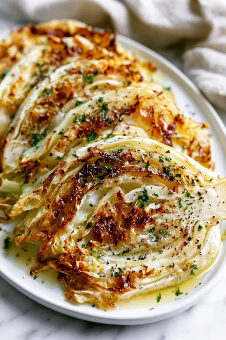 Close-up of Garlic Butter Roasted Cabbage wedges with golden crispy edges and melted butter on a white plate over marble.