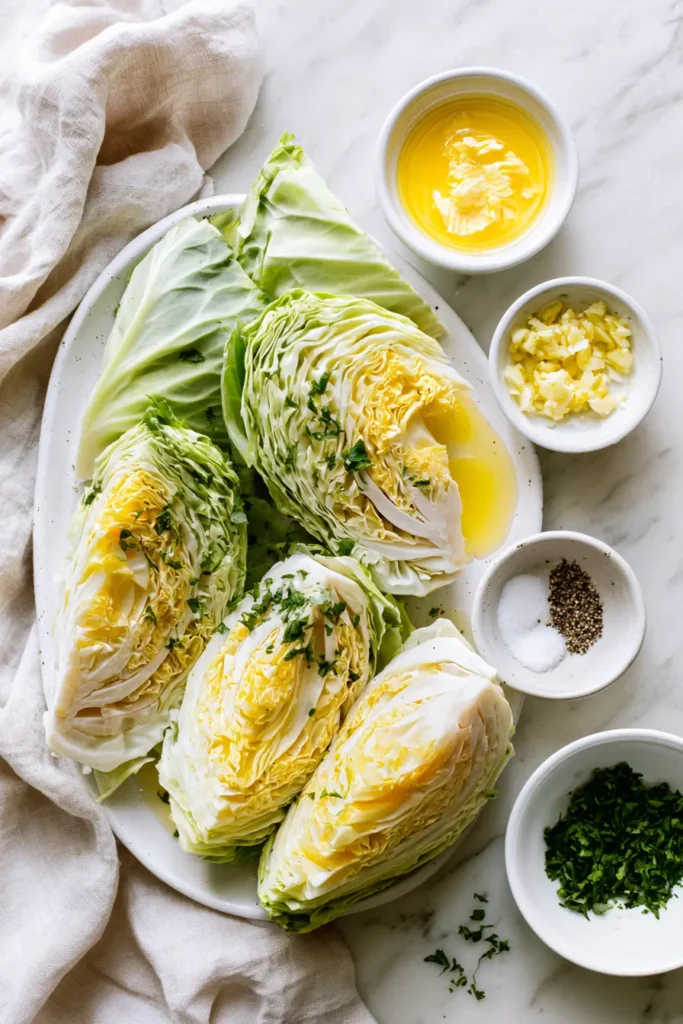 Overhead view of cabbage wedges, melted butter, garlic, and seasonings arranged on white marble for Garlic Butter Roasted Cabbage.