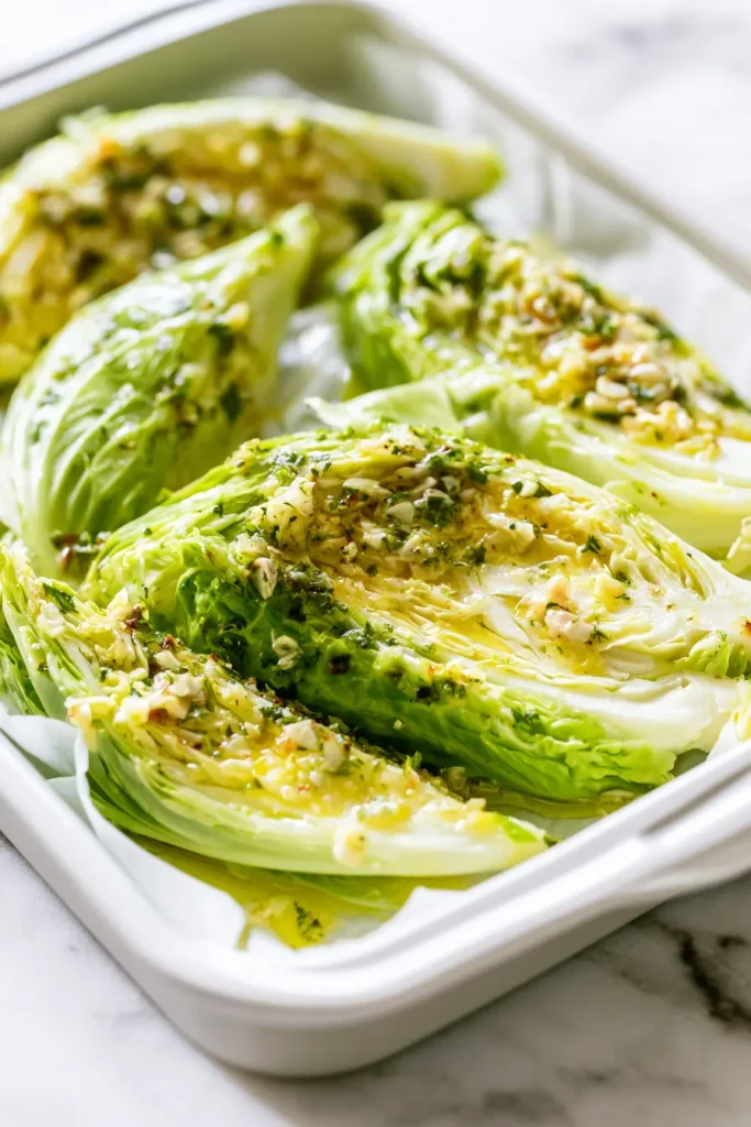 Close-up of raw cabbage wedges on a parchment-lined pan coated with garlic butter for Garlic Butter Roasted Cabbage.