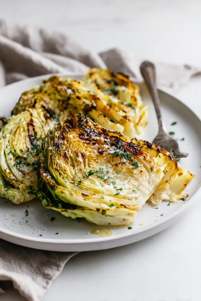 White plate with Garlic Butter Roasted Cabbage wedges showing golden crispy edges and tender layers on a white marble surface.