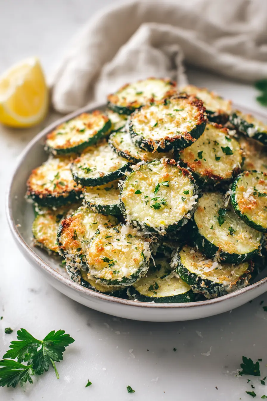 Platter of Irresistibly Crunchy Garlic Parmesan Roasted Zucchini coins with golden Parmesan crust and parsley on a white marble surface.