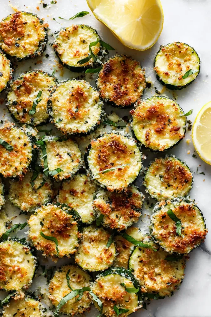 Crispy-edged Garlic Parmesan Roasted Zucchini coins with golden parmesan tops arranged on a white marble surface.