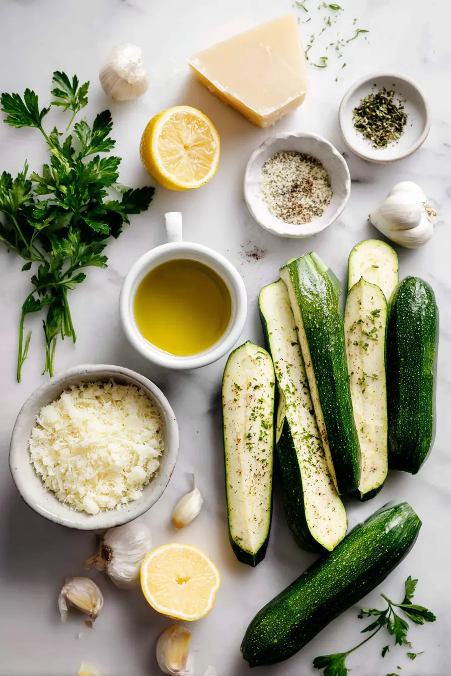 Overhead view of zucchini, Parmesan, garlic, olive oil, herbs, and seasonings for Irresistibly Crunchy Garlic Parmesan Roasted Zucchini on a white marble surface.