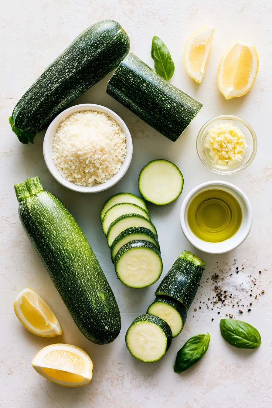 Crispy-Edged Garlic Parmesan Roasted Zucchini in 20 Minutes 2 Overhead view of zucchini, parmesan, garlic, olive oil, lemon, herbs, salt, and pepper arranged for Garlic Parmesan Roasted Zucchini.
