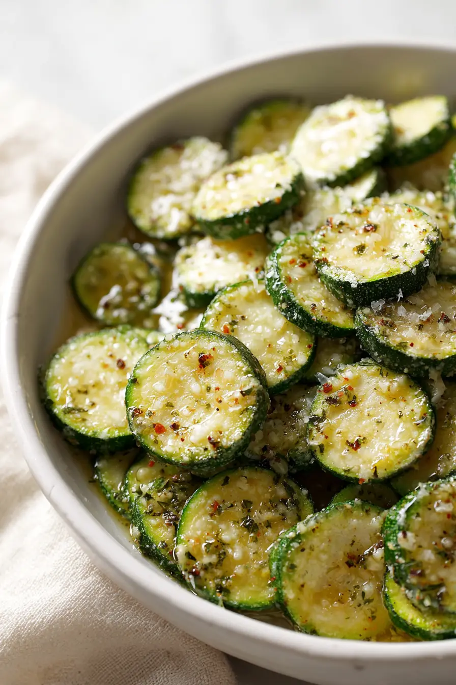 Close-up of zucchini slices coated in oil, garlic, herbs, and Parmesan in a white bowl for Irresistibly Crunchy Garlic Parmesan Roasted Zucchini.