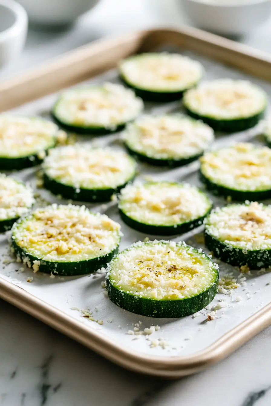 Crispy-Edged Garlic Parmesan Roasted Zucchini in 20 Minutes 3 Parchment-lined sheet pan with raw zucchini rounds coated in garlic, olive oil, and parmesan for Garlic Parmesan Roasted Zucchini.