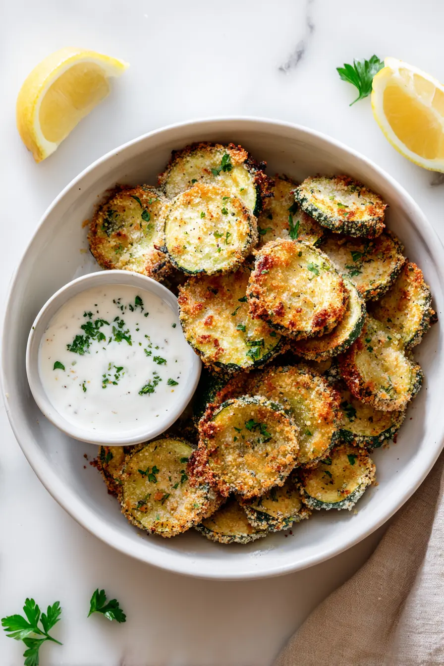 White bowl filled with Irresistibly Crunchy Garlic Parmesan Roasted Zucchini and a small dish of dipping sauce on bright white marble.