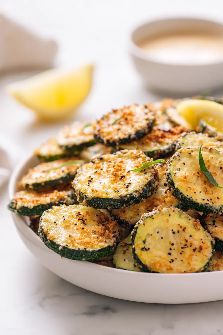 Crispy-Edged Garlic Parmesan Roasted Zucchini in 20 Minutes 4 White bowl filled with stacked Garlic Parmesan Roasted Zucchini coins with golden parmesan crust, basil, and lemon on white marble.