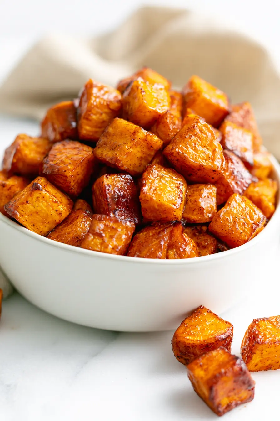Golden honey cinnamon roasted sweet potato cubes in a white bowl on bright white marble with a soft linen napkin.