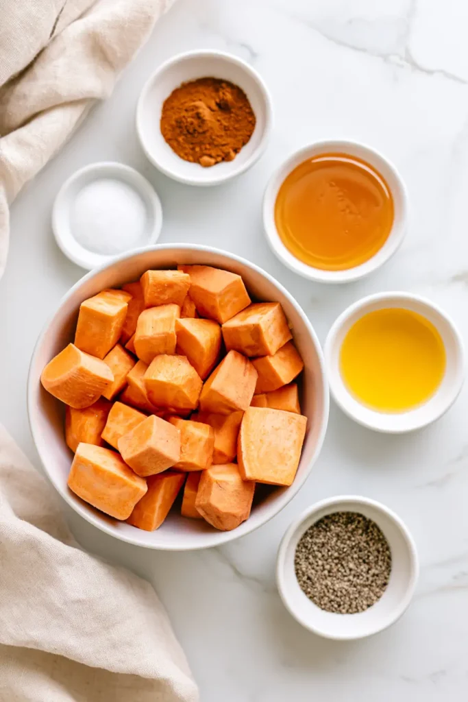 Honey Cinnamon Roasted Sweet Potato Cubes (Crispy Edges, Tender Centers) 2 Overhead view of cubed sweet potatoes, honey, cinnamon, and seasonings arranged in white bowls on a bright marble surface for honey cinnamon roasted sweet potato cubes.