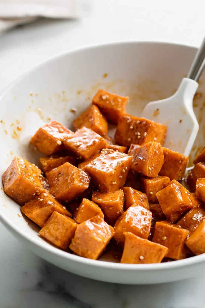 Honey Cinnamon Roasted Sweet Potato Cubes (Crispy Edges, Tender Centers) 3 Close-up of sweet potato cubes in a white bowl coated in a shiny honey cinnamon mixture on a bright marble surface for honey cinnamon roasted sweet potato cubes.