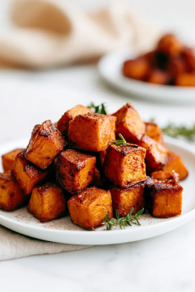 Honey Cinnamon Roasted Sweet Potato Cubes (Crispy Edges, Tender Centers) 4 White dessert plate with a small stack of honey cinnamon roasted sweet potato cubes, lightly garnished, on a bright marble surface.