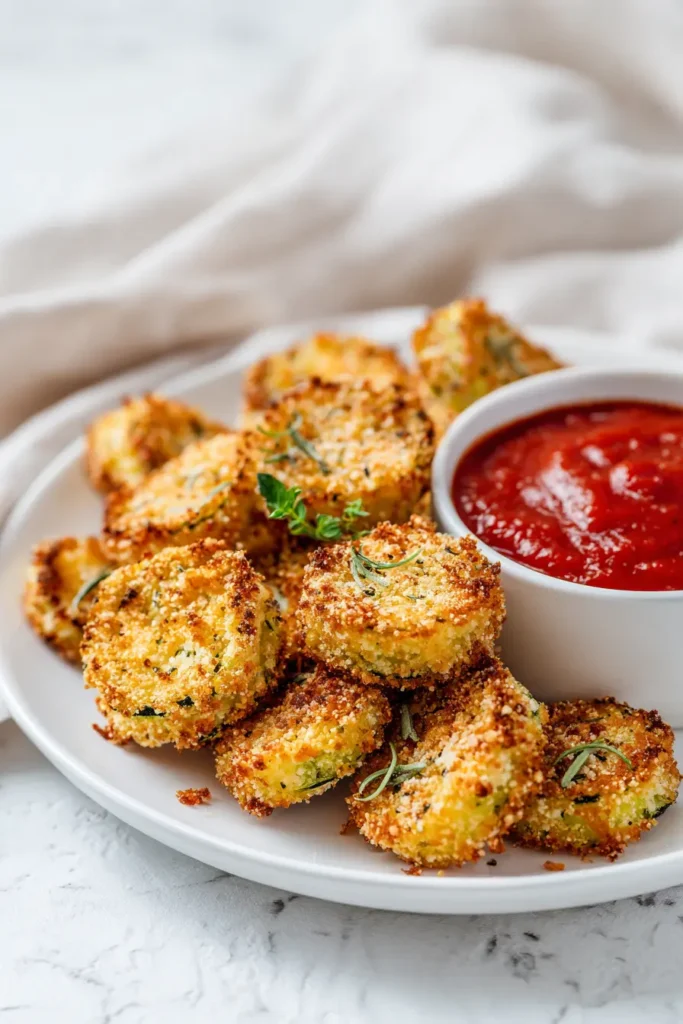 Golden Italian-inspired Zucchini Garlic Bites stacked on a white plate with marinara sauce on a bright marble surface.
