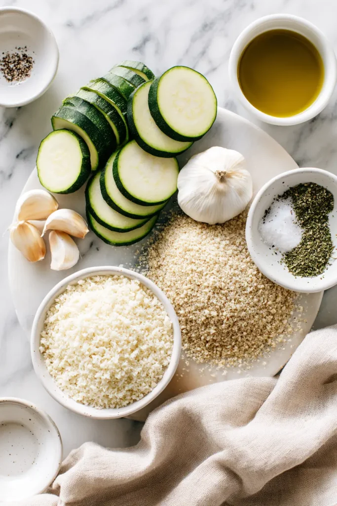 Overhead view of sliced zucchini, garlic, herbs, breadcrumbs, and cheese arranged on white marble for Italian-inspired Zucchini Garlic Bites.