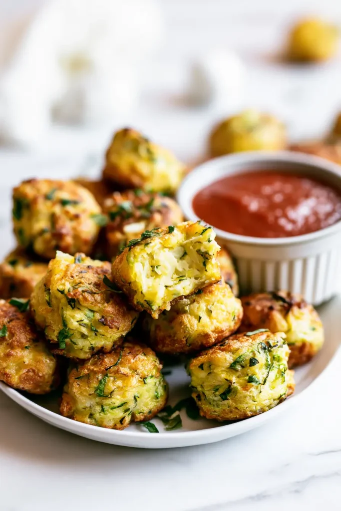 Small white plate with Italian-inspired Zucchini Garlic Bites and marinara sauce, with one bite broken open to show the tender center.