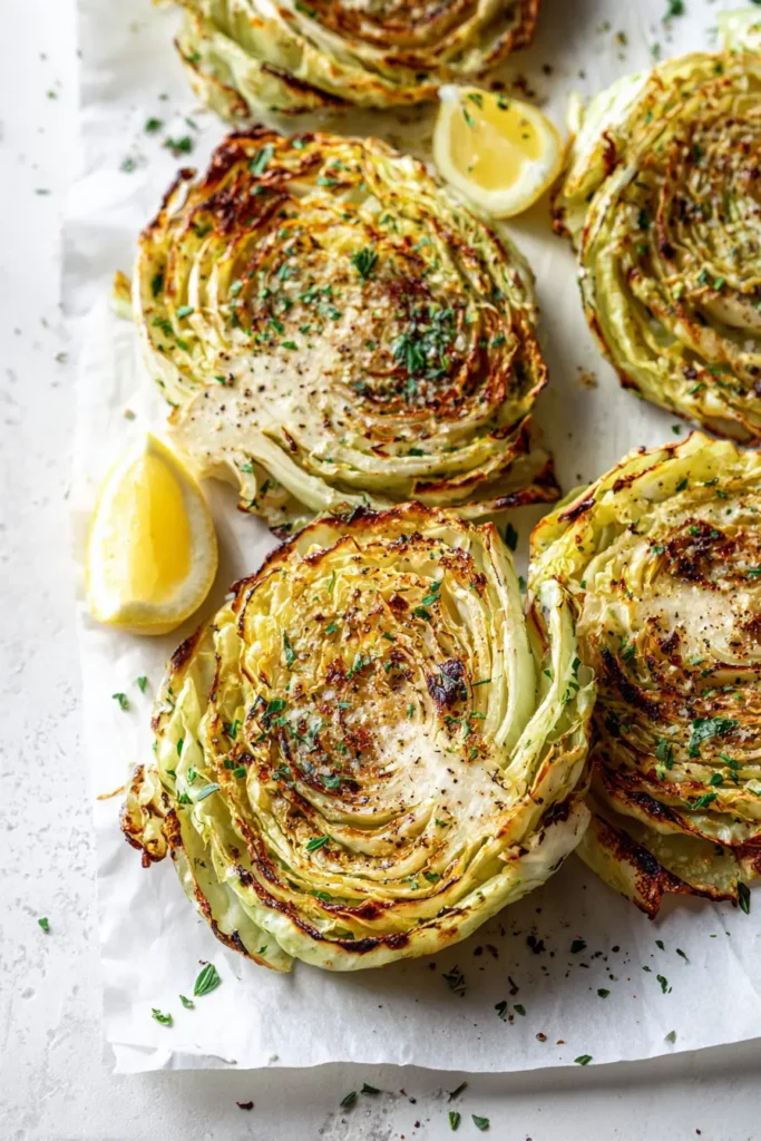 Sheet pan of Roasted Cabbage Steaks with crispy caramelized edges and herbs on white marble.